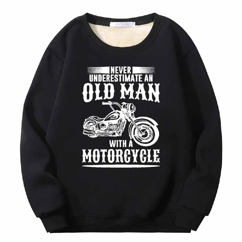 Never Underestimate An Old Man Motorcycle Fleece Sweatshirt Hoodie with Bell Sleeves Flared Feminine