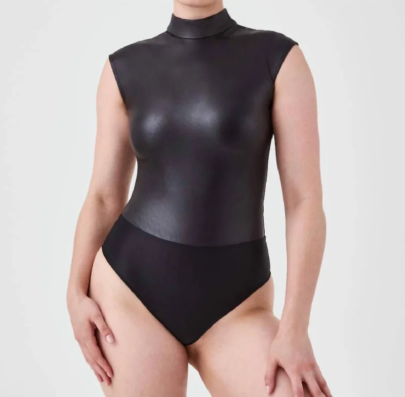 Leather-Like Mock Neck Bodysuit In Luxe Black Comfortable Mesh Insert Bodysuit