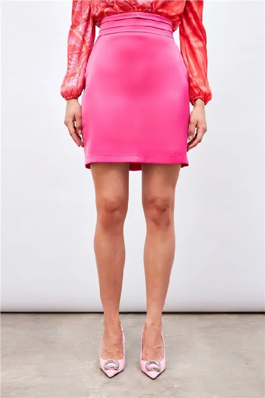 Mini Satin Skirt with Waist Detail - Fuchsia wool skirt breathable