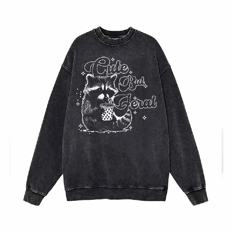 Cute But Feral Raccoon Funny Vintage Washed Sweatshirt Oversized Hoodie Comfort Casual