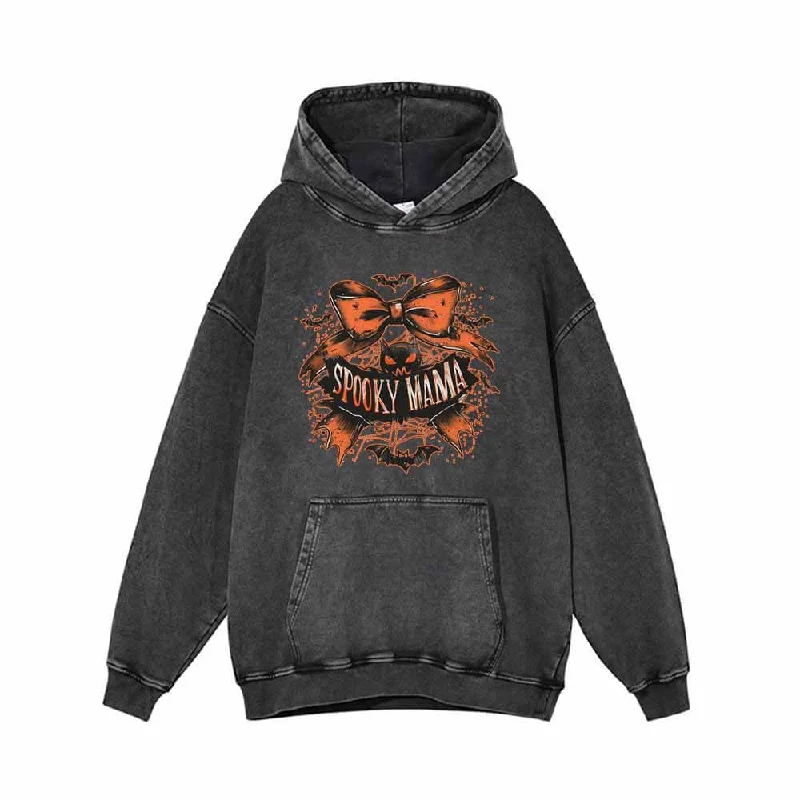 Spooky Mama Halloween Vintage Washed Hoodie Sweatshirt Hoodie with Hem Fringe Bohemian Relaxed