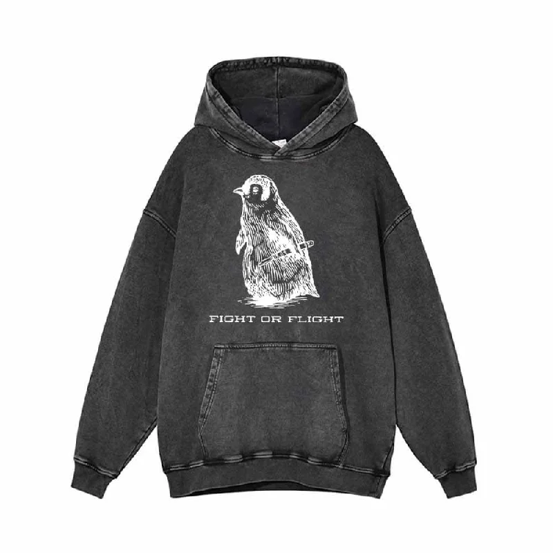Penguin Fight Or Flight Vintage Washed Hoodie Hoodie with Applique Textured Unique