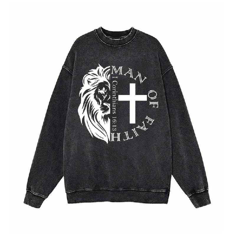 Man Of Faith Lion Cross Vintage Washed Sweatshirt Hoodie with Longline Fit Extended Stylish