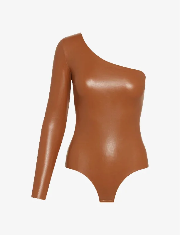 Faux Leather Long Sleeve One Shoulder Bodysuit In Cocoa Trendy Bodysuit with Cutouts