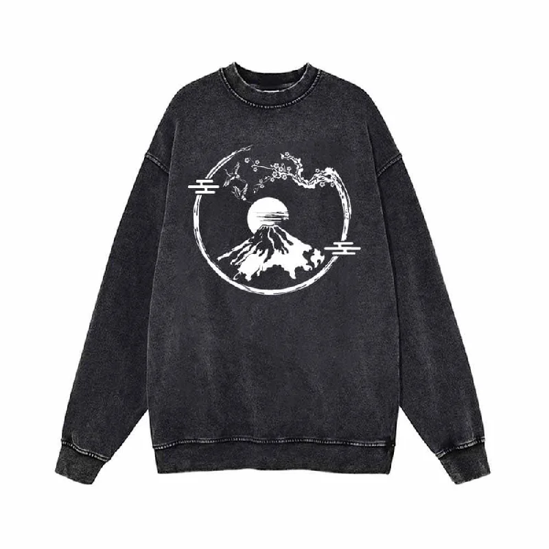 Sakura Branch Mountain Fuji Vintage Washed Sweatshirt Hoodie with Raw Hem Edgy Unfinished