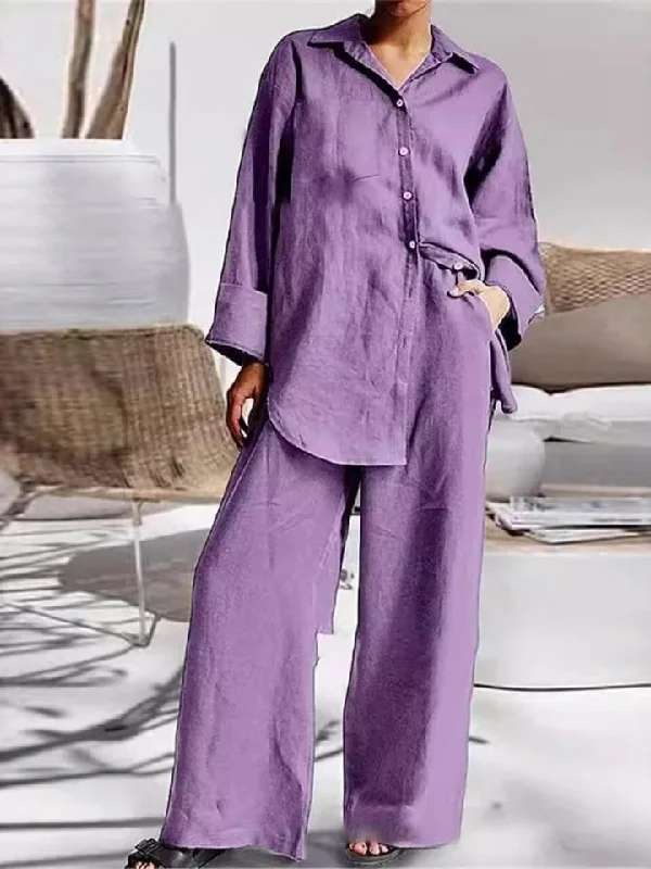 Women's Single Breasted Cotton Linen Top, Wide Pants M B-89279 Formal Dress Pants