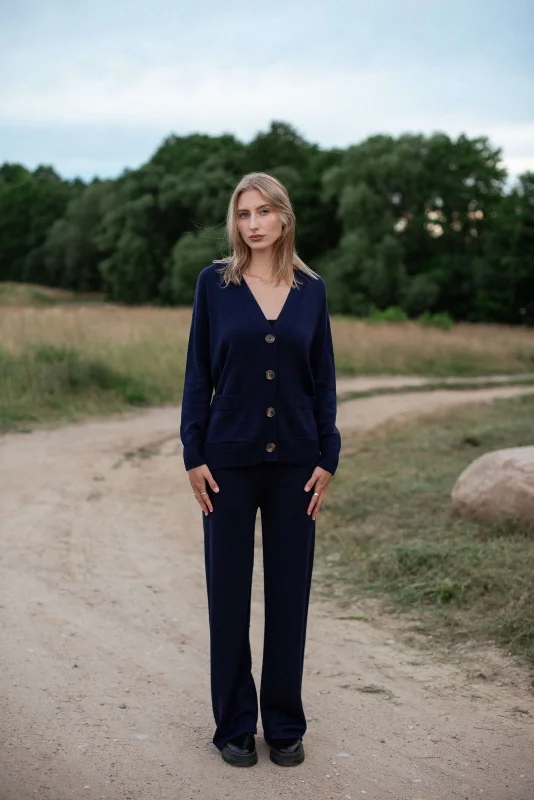 Merino Wool Wide-Leg Knitted Pants Dark Blue Soft Stretch Pants