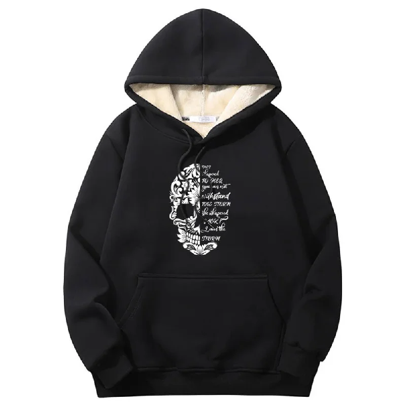 Flower Pattern Half Skull Head Crew Collar Fleece Sherpa Hoodie Hoodie with Front Slit Layering Stylish