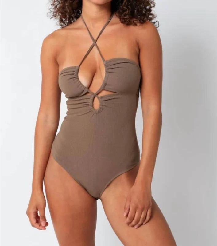 Criss Cross Bodysuit In Mushroom Fashionable Bodysuit with Pleats