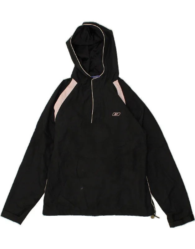 REEBOK Womens Hooded Anorak Jacket UK 12 Medium Black Polyester Satin Jacket Silk Jacket Chiffon Jacket
