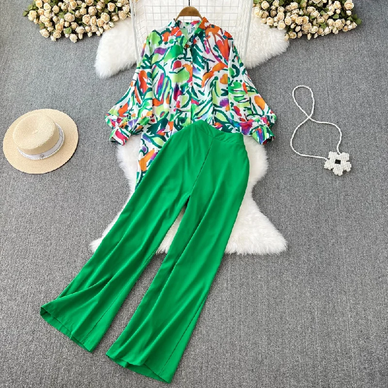 2 Pcs Women's Long Sleeve Graffiti/Hand Painting/Totem Pants Set 404640 Chic Slim Fit Pants