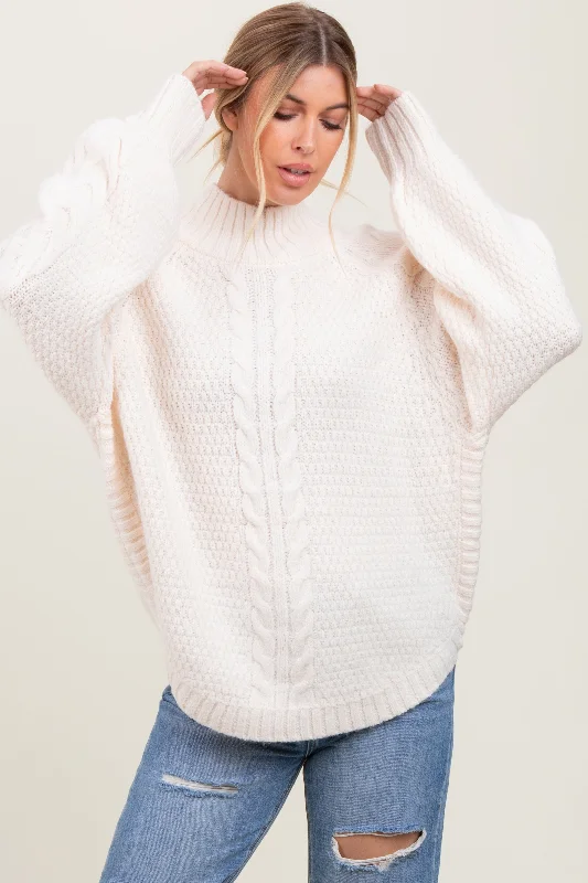 Ivory Mixed Chunky Cable Knit Mock Neck Sweater Solid Print Embellished