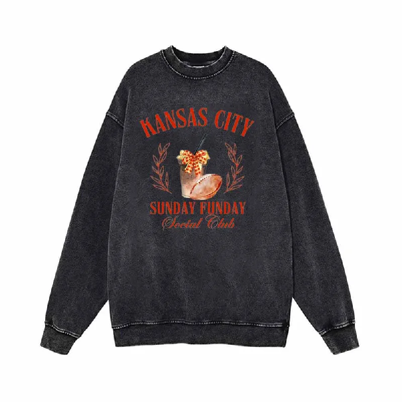Kansas City Sunday Funday Social Club Sweatshirt Hoodie with Frayed Bohemian Relaxed