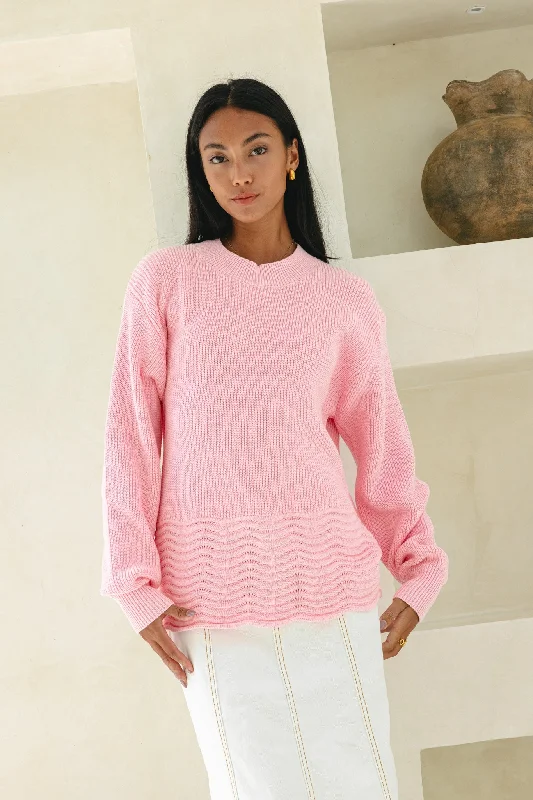 Claudia Pink Scallop Hem Knit Sweater Spandex Rayon Corduroy