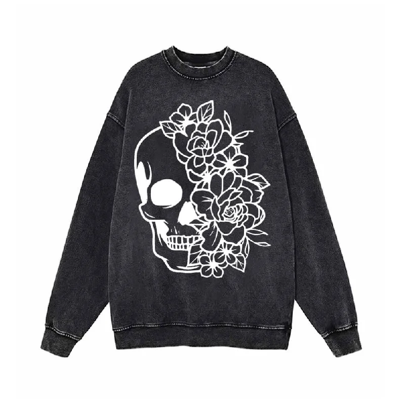 Half Face Skeleton Flower Vintage Vintage Washed Sweatshirt Hoodie with Button Classic Timeless