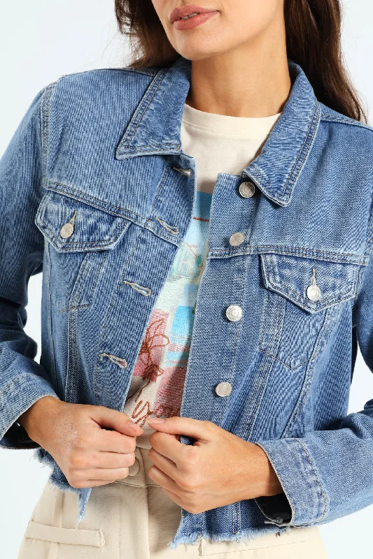 Long Sleeve Cropped Raw Hem Denim Jacket - Mid Blue Satin Jacket Silk Jacket Chiffon Jacket