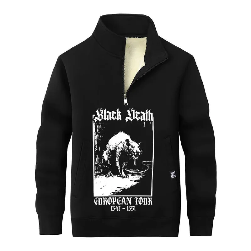 Multicolor Black Death Rat Stand Collar Zip Fleece Sherpa Sweatshirt Hoodie with V-Neck Classic Versatile