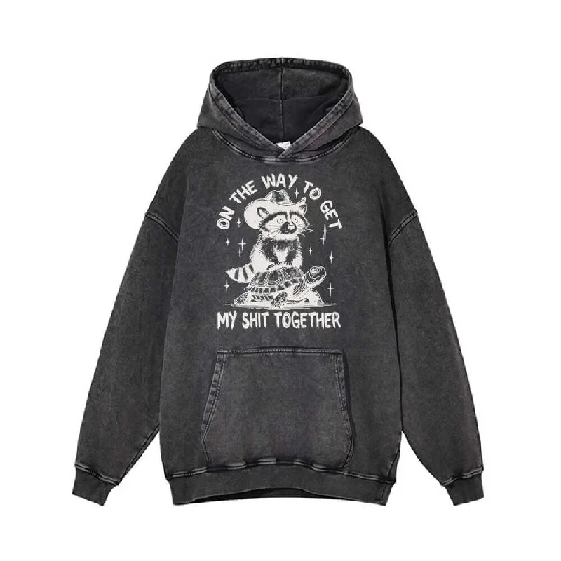 On The Way To Get Raccoon and Turtle Vintage Washed Hoodie Hoodie with Distressed Vintage Worn