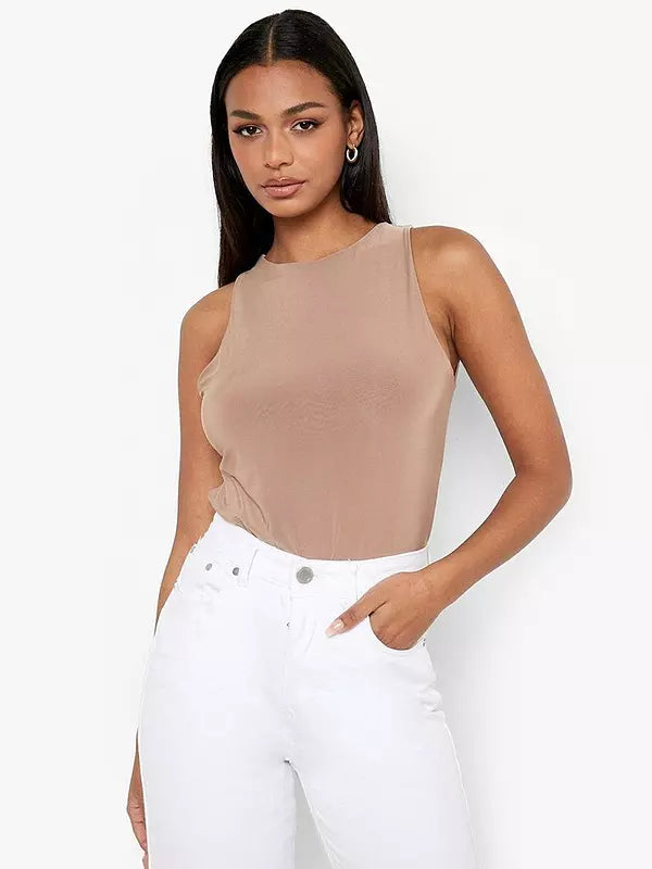 Double Layer Bodysuit Camel Comfortable Bodysuit with Long Sleeves