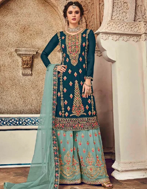 Teal Blue Baluming Georgette Palazzo Dress Tunics Occasion special