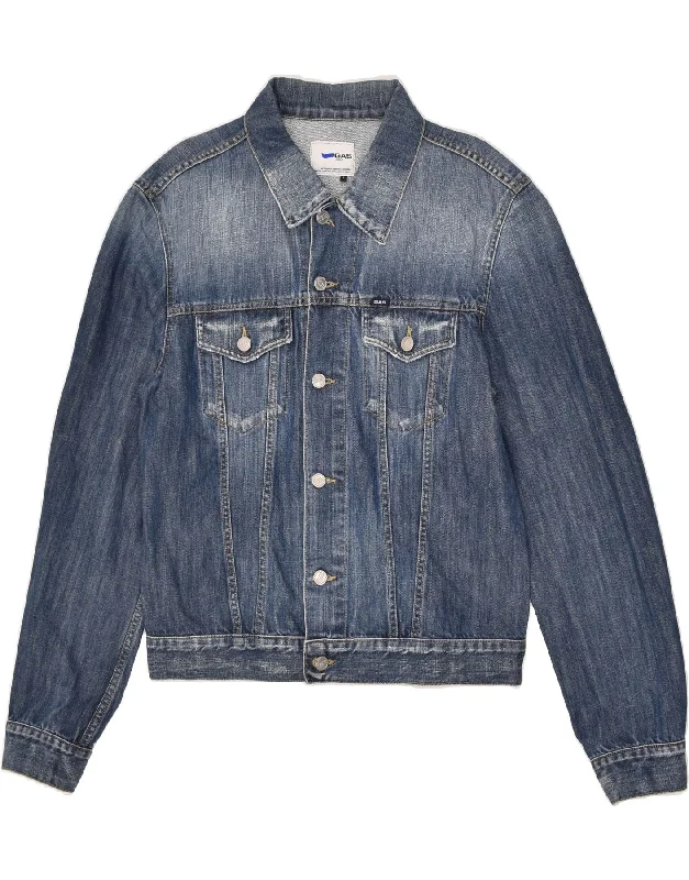 GAS Womens Crop Denim Jacket UK 14 Large Blue Cotton Hooded Jacket Caped Jacket Shawl Collar Jacket