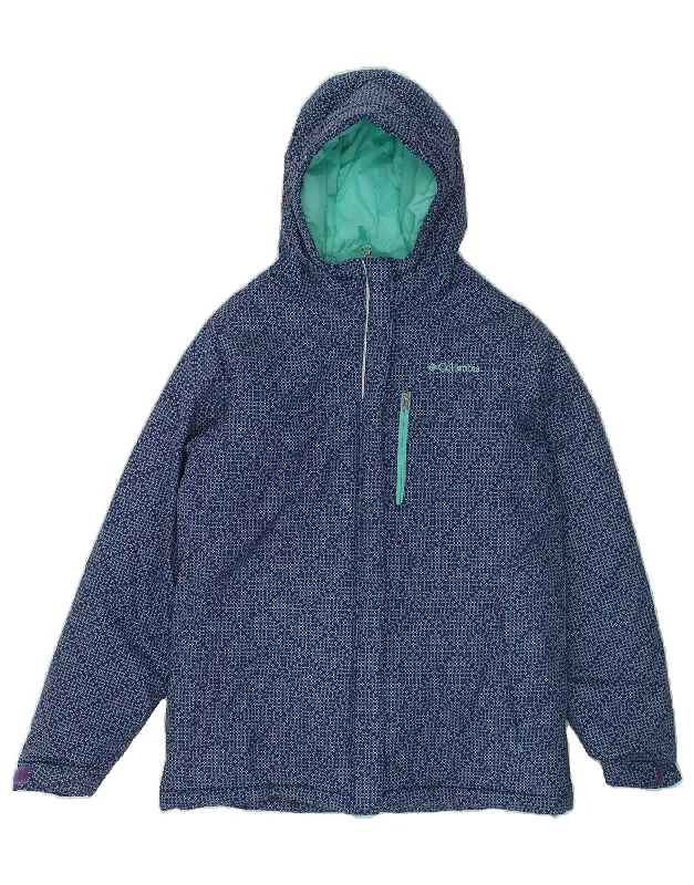 COLUMBIA Womens Hooded Rain Jacket UK 14/16 Large Navy Blue Geometric Welt Pockets Slit Pockets Flap Pockets