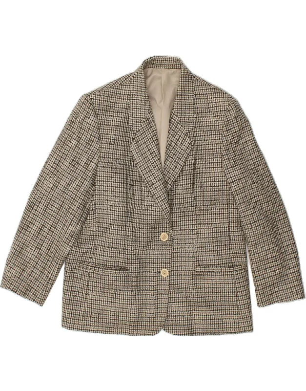 ELENA MIRO Womens 3 Button Blazer Jacket UK 16 Large Grey Houndstooth Wool Faux Fur Jacket Real Fur Jacket Shearling Jacket