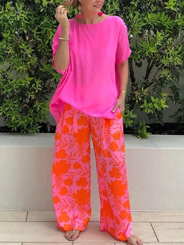 ZANZEA Casual Streetwear Women 2 Piece Set Elegant O-neck Short Sleeved Top With Print Long Pants Suit New Loose Homewear Outfit 4XL S4541872 High-Waist Trousers