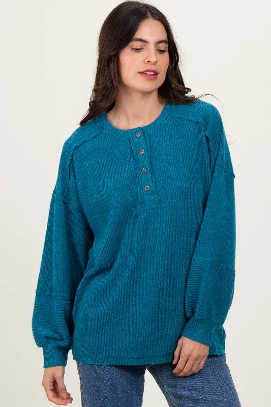 Teal Oversized Ribbed Knit Henley Sweater Polka Dot Checkered Tartan