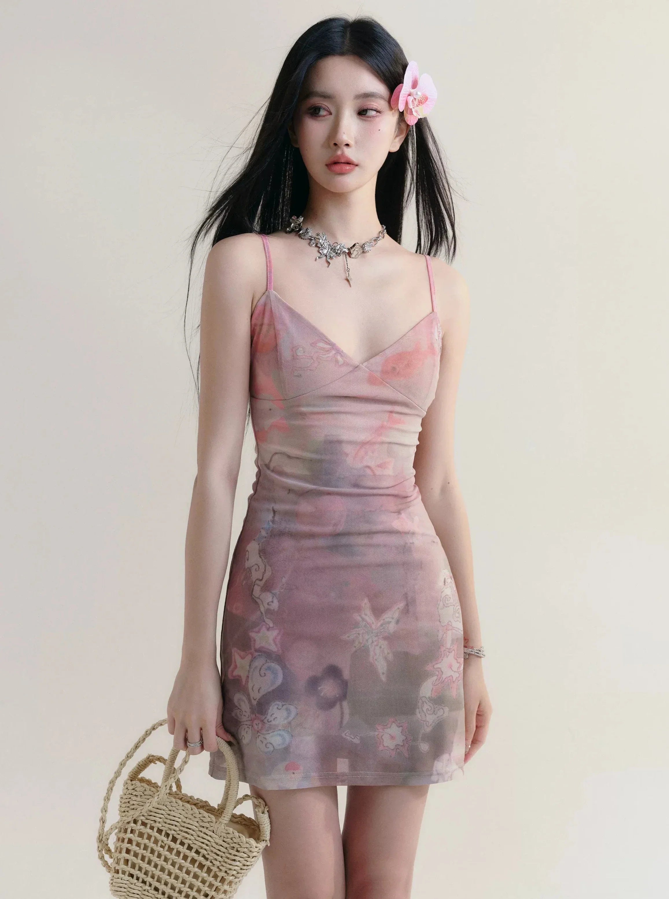 Watercolor Floral Satin Slip Dress Tunics Trousers formal