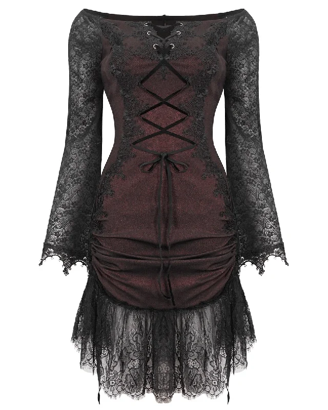 Devil Fashion Womens Gothic Lace Mesh Overlay Evening Dress - Red & Black Tunics Denim casual