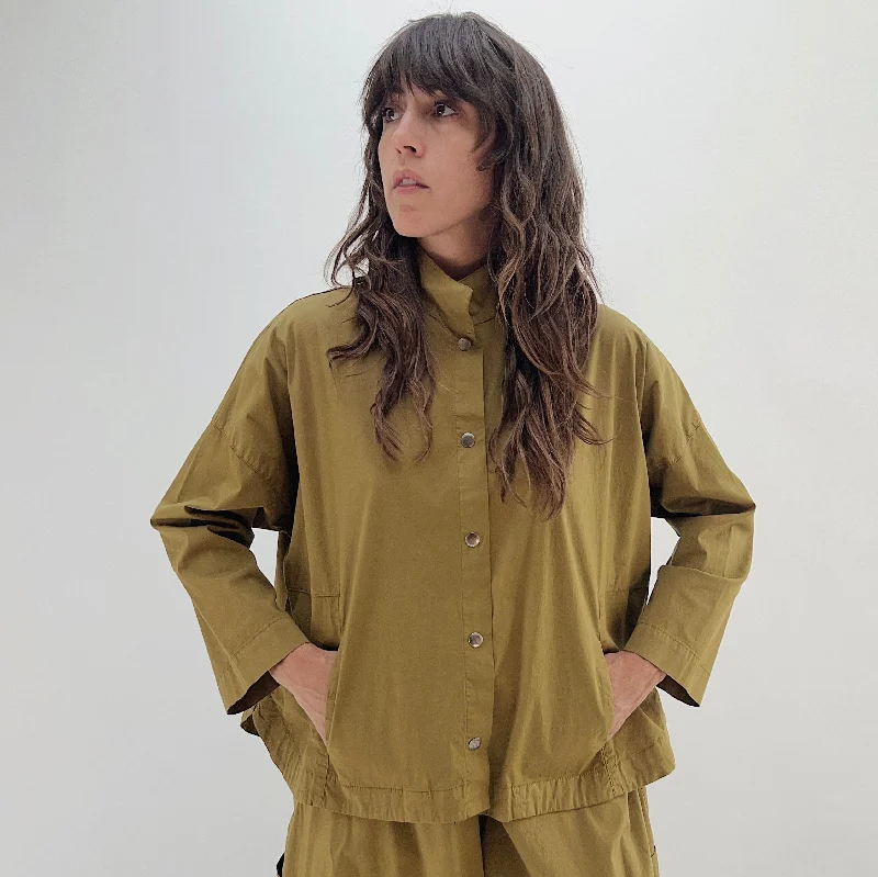 Eleven Stitch | Stand Collar Jacket in Olive Faux Fur Fabric Real Fur Fabric Shearling Fabric