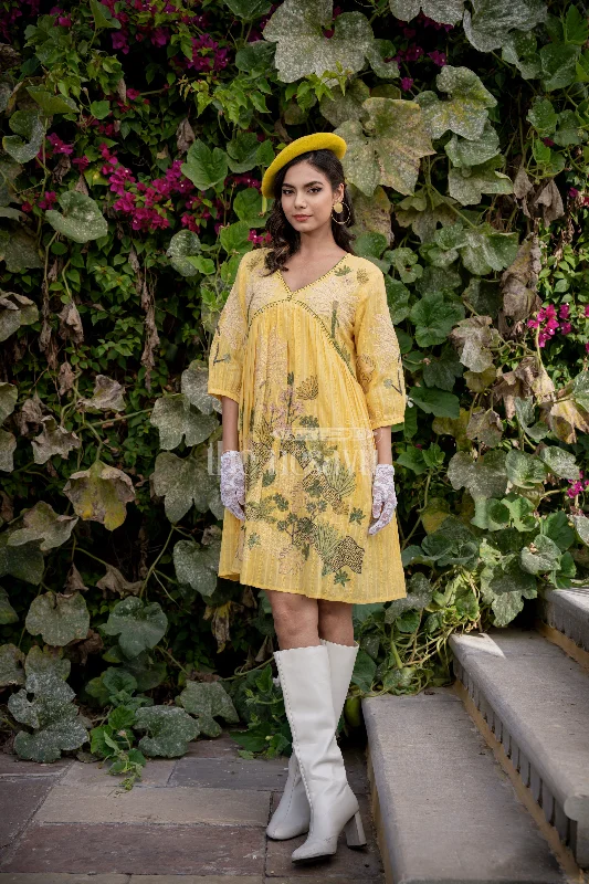Yellow Chiffon Trendy Party Wear Dresses for Ladies with Floral Embroidery and Elegant Flair Tunics Business professional