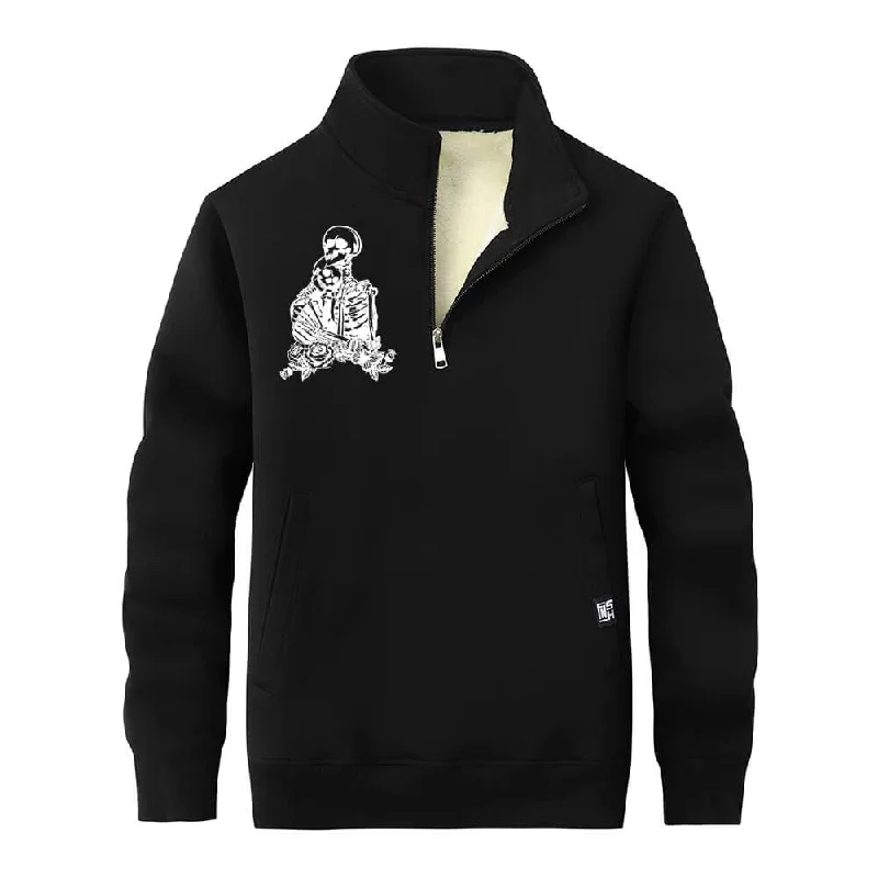 Love till Death Skull Fleece Sherpa Stand Collar Zip Sweatshirt Hoodie with Metallic Shiny Futuristic