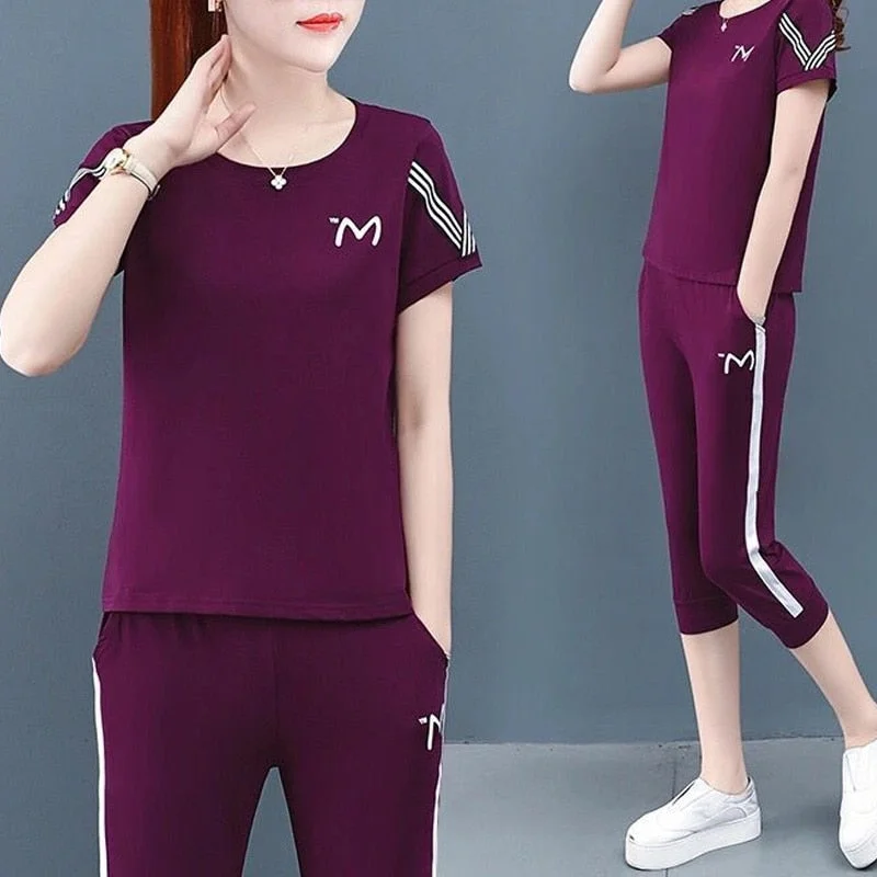2 Pcs Women's Short Sleeve Letter/Number Pants Set S 387270 Comfortable Denim Trousers