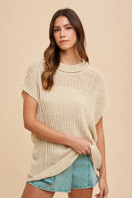 Beige Knit Tunic Sweater Top Turtle Neck Boat Neck Asymmetrical Neck