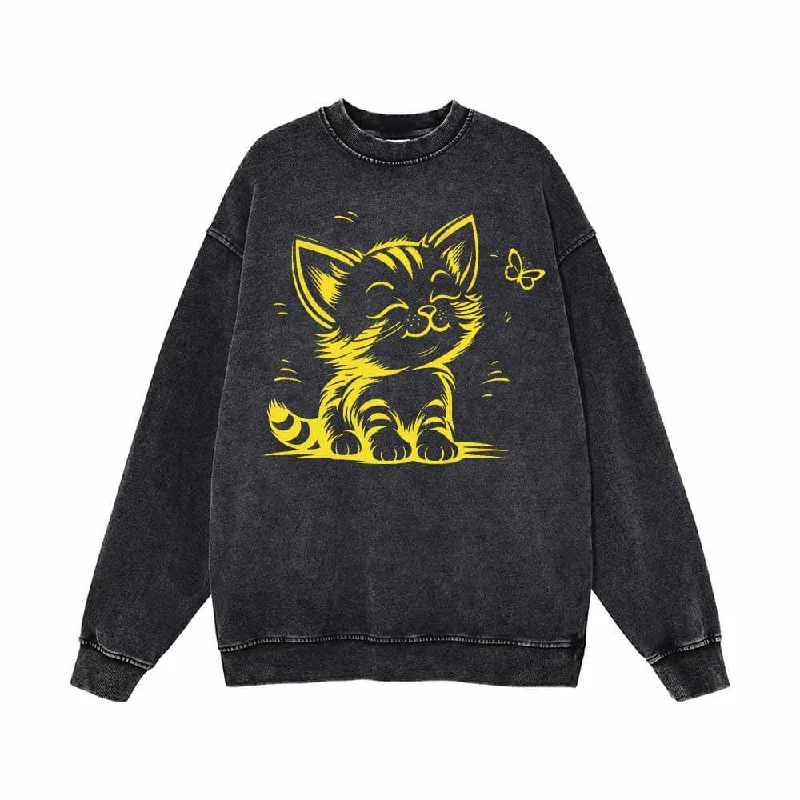 Cute Kitten With Butterfly Vintage Washed Sweatshirt Hoodie with Turtle Neck Cozy Winter