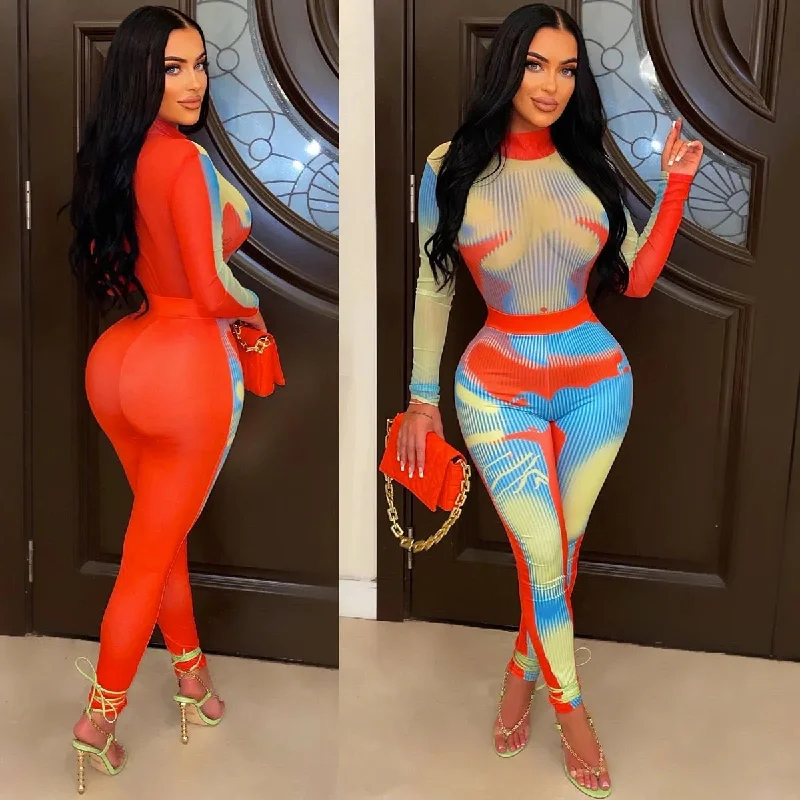 BHW095P-Print Mesh Bodysuit & Pants Set Cozy Stretch Bodysuit