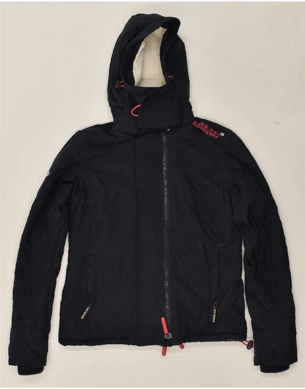 SUPERDRY Womens Hooded Windbreaker Jacket UK 10 Small Navy Blue Nylon Anorak Shell Jacket Lightweight Jacket