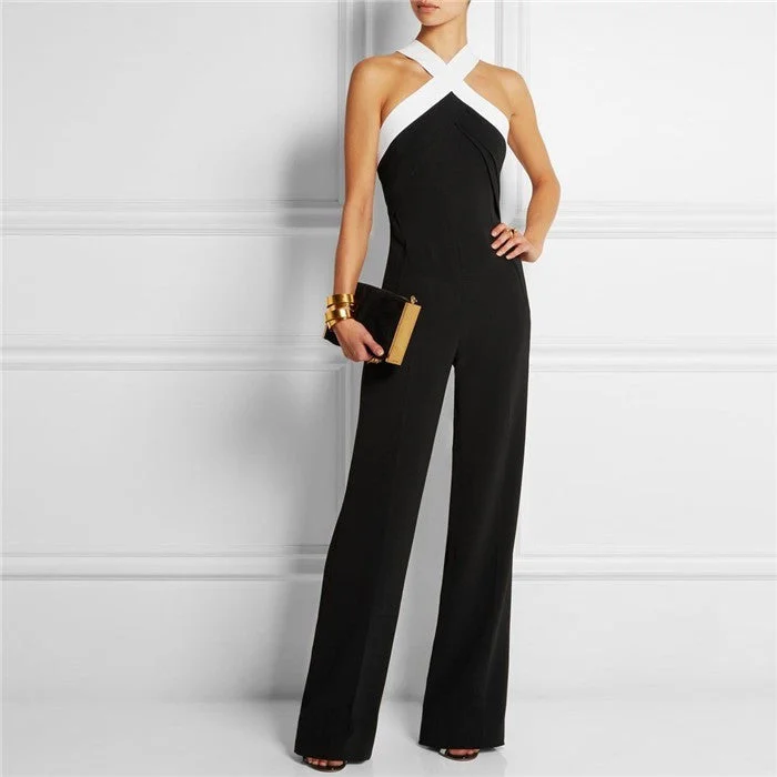 Rompers Womens Jumpsuit Black White Splicing Playsuits Wide Leg Halter Ladies Elegant Plus Size XXXL Bodysuits Comfortable Ribbed Bodysuit