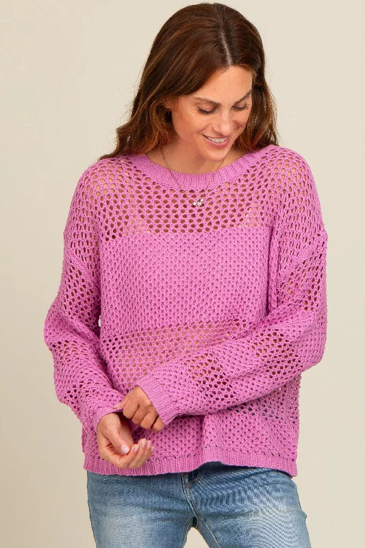 Purple Striped Open Knit Sweater Ribbed Striped Patterned