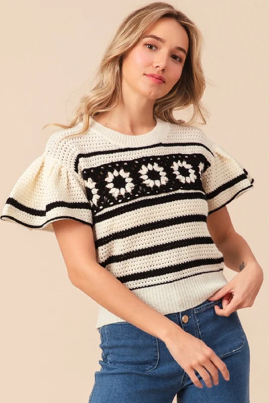 Crochet Short Sleeve Striped Sweater Turtle Neck Boat Neck Asymmetrical Neck