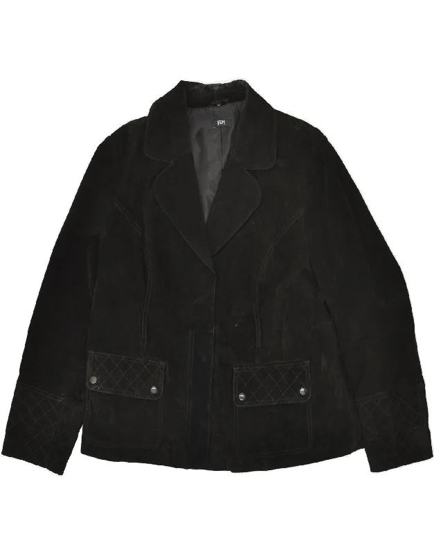 VINTAGE Womens Suede Jacket IT 48 XL Black Leather Oversized Jacket Tailored Jacket Straight Jacket