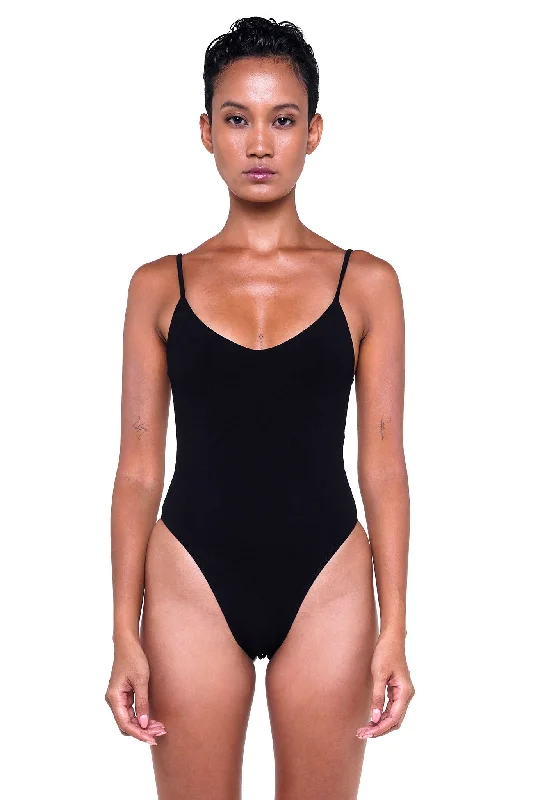 VAL BODYSUIT WITH SKINNY STRAPS - BLACK Comfortable Velvet Bodysuit