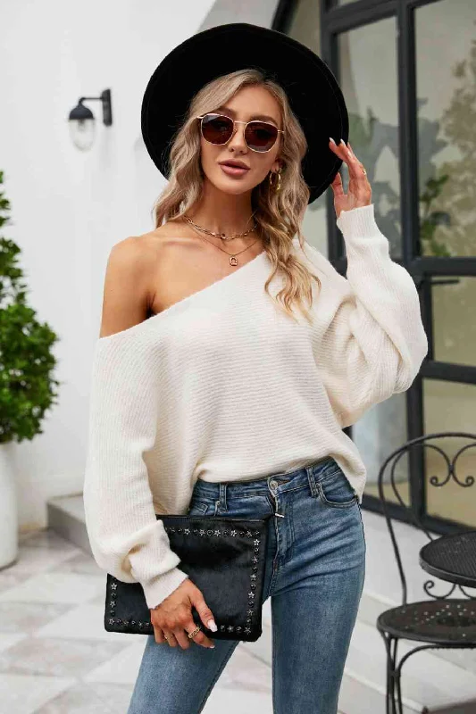 Boat Neck Horizontal Ribbing Dolman Sleeve Sweater Cashmere Blend Cotton Blend Poly Blend