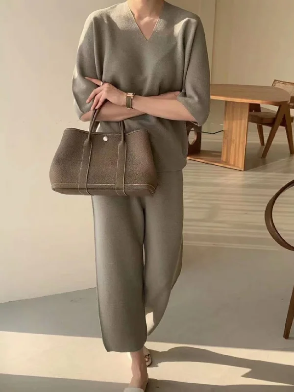 2 Pcs Women's Solid Color Pants Set L 406270 Elegant Palazzo Trousers