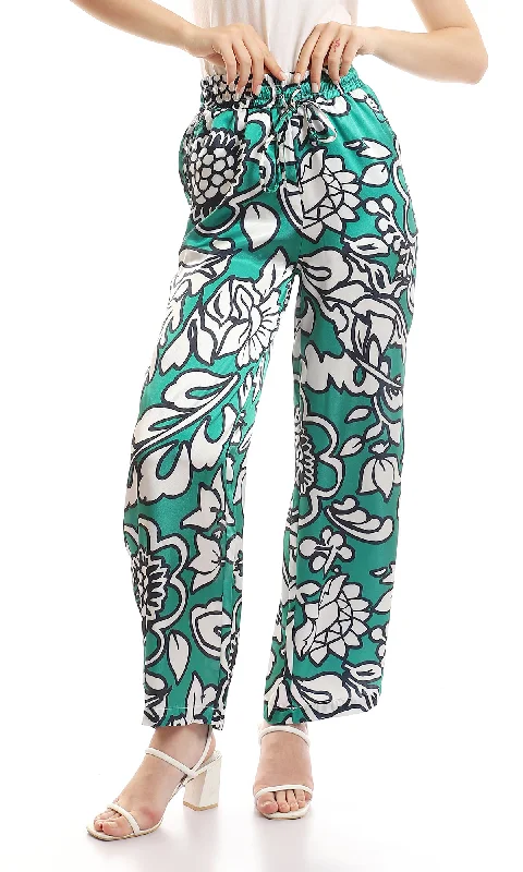 97083 Floral Silk Elastic Waist Pants - Green, White & Black High-Waist Jeans