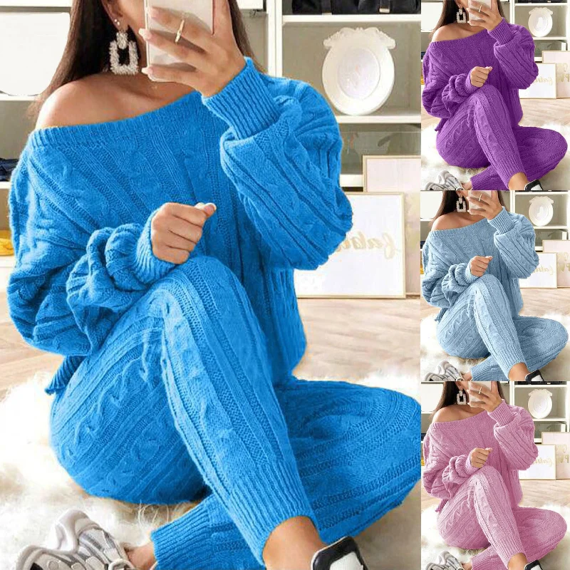Cozy Turquoise Blue Cable Knit 2pc Sweater & Leggings Set Neon Metallic Matte