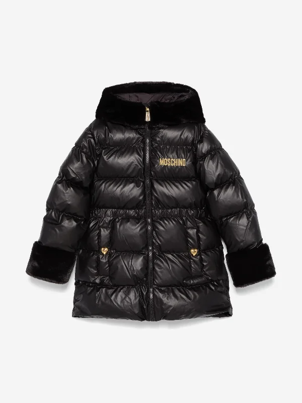 Moschino Girls Logo Puffer Jacket in Black Welt Pockets Slit Pockets Flap Pockets
