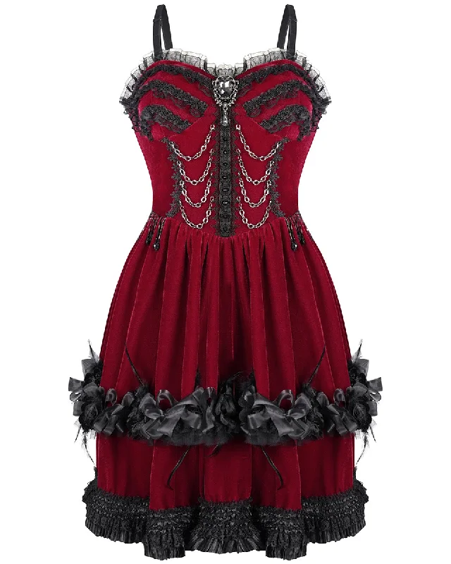 Devil Fashion Womens Dark Gothic Princess Lolita Chained Rose Dress - Red Velvet Tunics Designer luxury